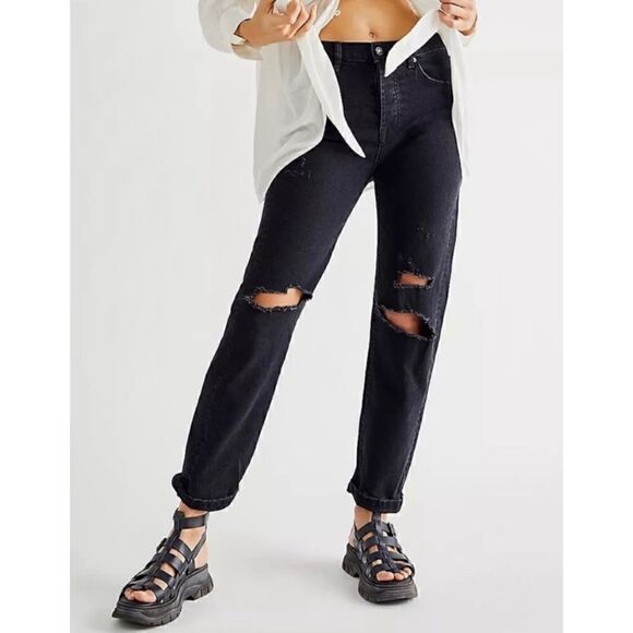 Free People × We The Free Bren Boyfriend Destroyed Jean in Black Magic, Size 24 - Picture 8 of 16